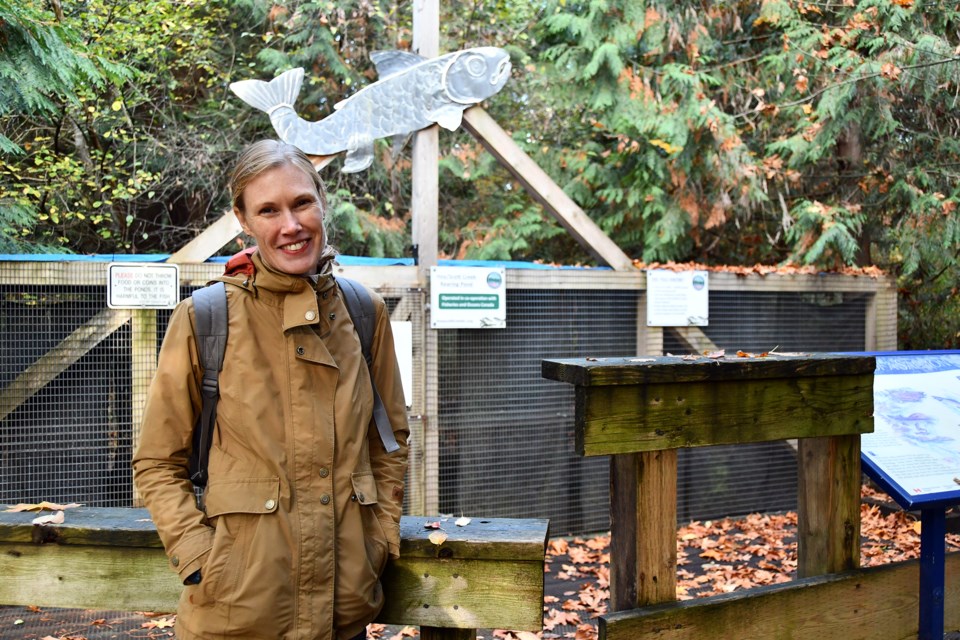 Georgia Ohm, the co-ordinator of the Coquitlam River Watershed Roundtable, was photographed on Oct. 26, 2023, at the Hoy Creek hatchery in Coquitlam.