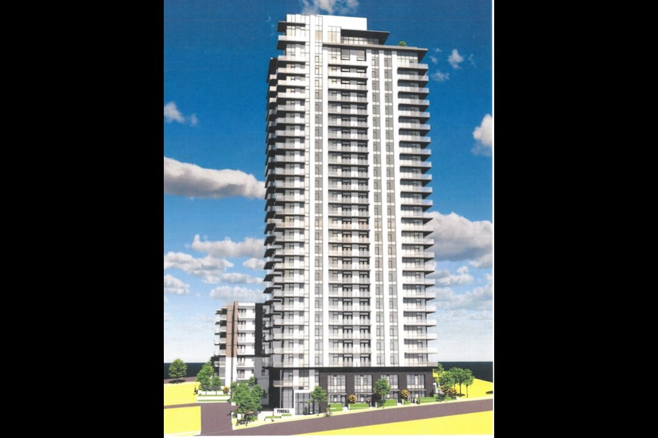 The high-rise planned for 618–624 Tyndall St. and 617–631 Claremont St. in Coquitlam.