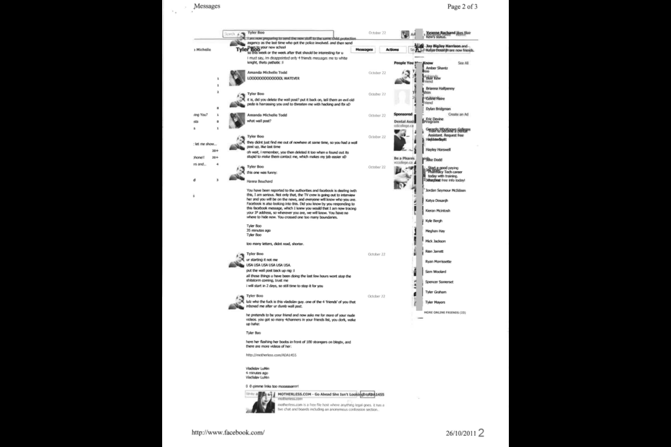 Some messages exchanged between Tyler Boo and Amanda Todd on Facebook, as presented before the jury on July 5, 2022. 