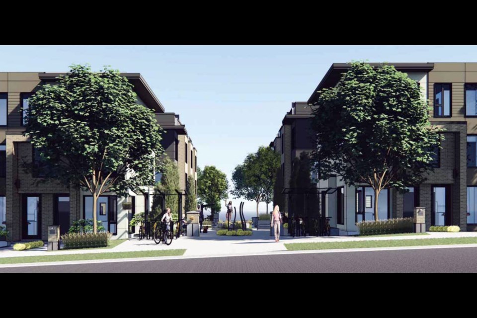 An artist rendering for townhomes planned at 591, 595, 599, 605 and 611 Harrison Ave., in the Burquitlam enclave of Oakdale.