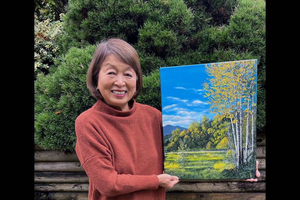 Coquitlam painter Frances Johnson with a painting she'll exhibit and sell at the Coquitlam Art Club fall exhibit on Nov. 25 and 26, 2023, at Dogwood Pavilion.