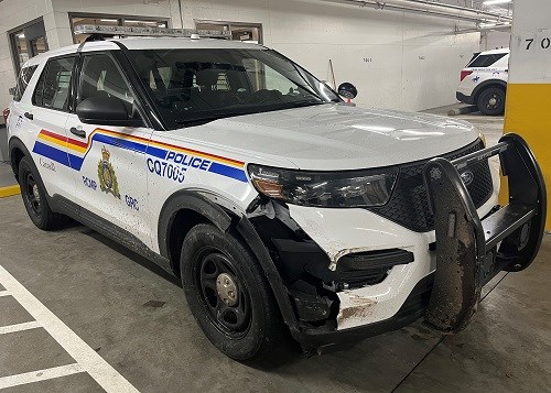 The front bumper damage to a Coquitlam RCMP vehicle.