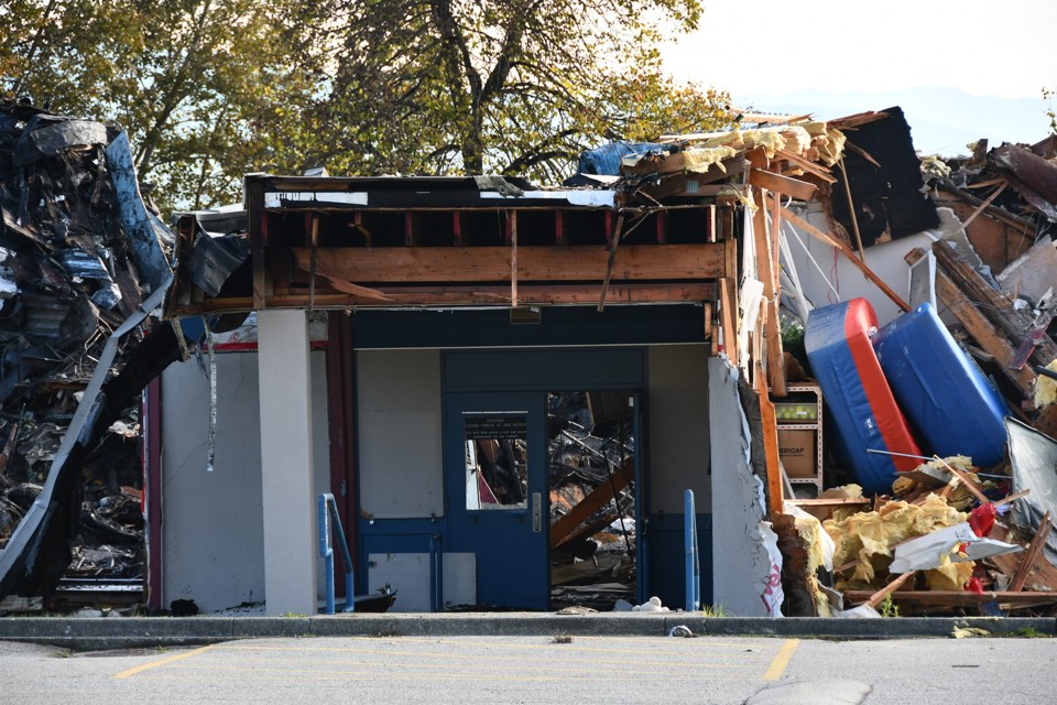 The entrance to Hazel Trembath Elementary School in Port Coquitlam after the Oct. 14 fire. The image was captured during a press conference on Oct. 26, 2023.