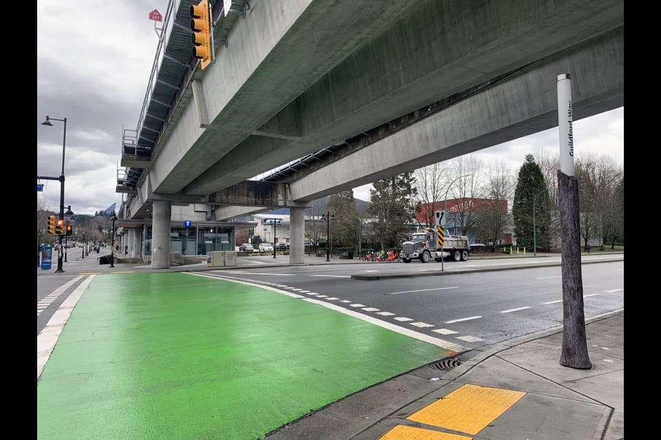 The green crosswalk at Pinetree and Guildford ways in Coquitlam where a 25-year-old Port Coquitlam woman was struck twice on Jan. 27, 2024.