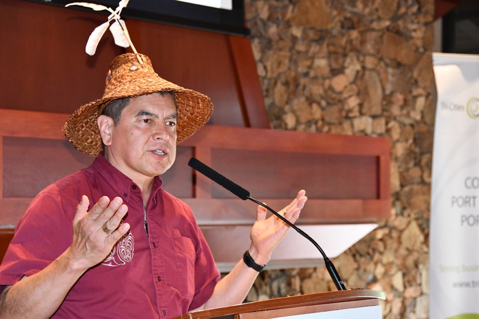 Kwikwetlem First Nation Chief Ed Hall speaks to the Tri-Cities Chamber of Commerce on June 2, 2022.