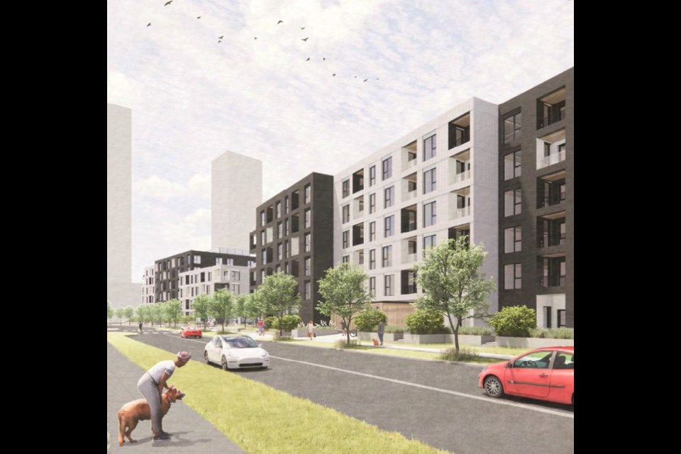 An artist's rendering for the two mid-rise buildings at Fraser Mills, looking south down Kong Court.