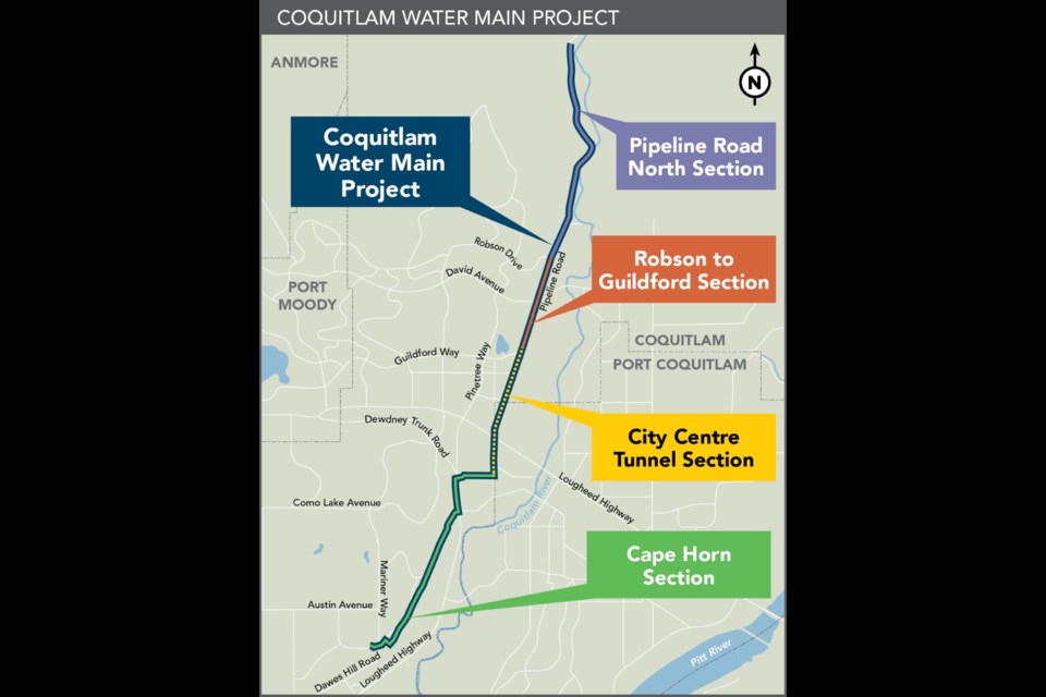 The four sections of the Coquitlam water main project. The illustration was updated in March 2023.