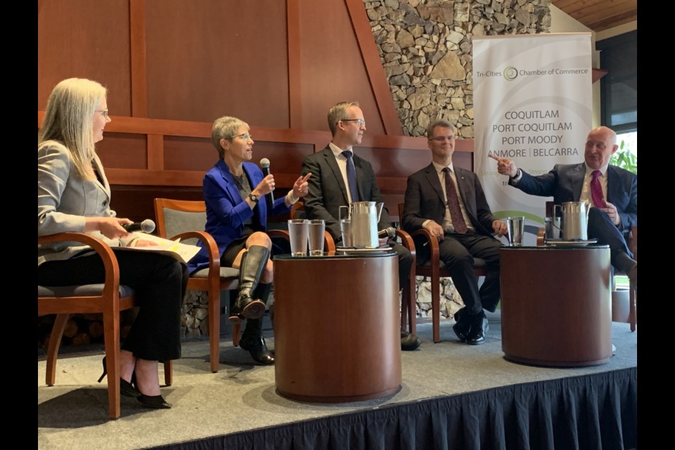 Tri-Cities Chamber of Commerce CEO Leslie Courchesne (left) interviews all four local MLAs: Selina Robinson (Coquitlam–Maillardville); Rick Glumac (Port Moody–Coquitlam); Fin Donnelly (Coquitlam–Burke Mountain); and Mike Farnworth (Port Coquitlam).