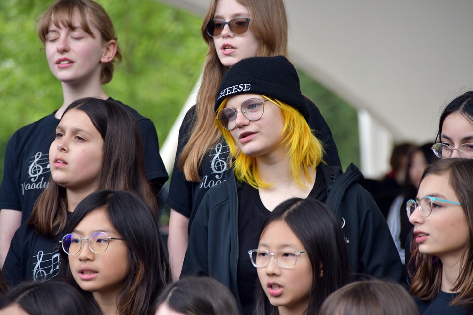 The Moody Middle School choir  at the annual Music Monday celebration hosted by the Coquitlam Music Teachers’ Association on May 6, 2024, at Town Centre Park in Coquitlam.