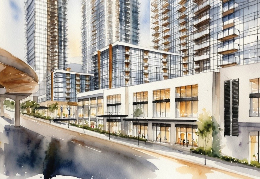 An artist's rendering of the view of Parcel 1 along North Road in Coquitlam, looking northeast.