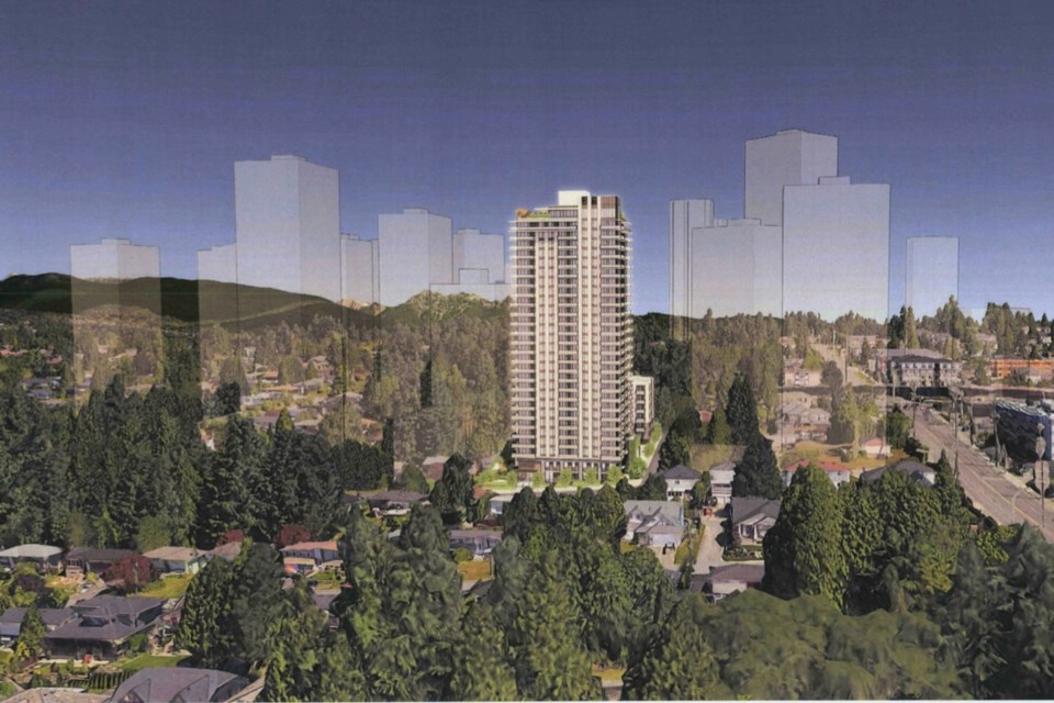 A rendering of the proposed condo tower and rental building in the Oakdale neighbourhood of Coquitlam. The bid will go to public hearing on Oct. 18.