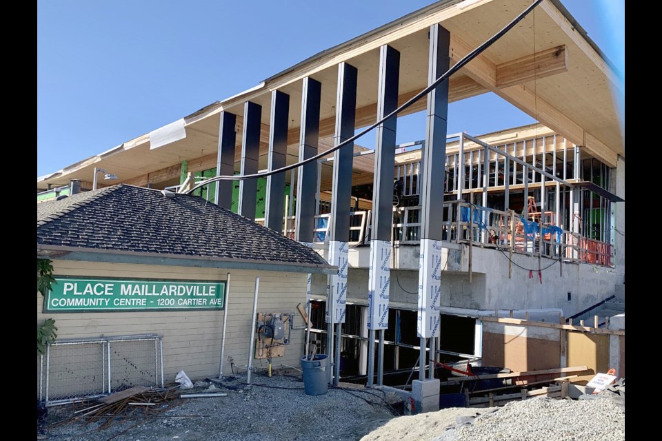 An image of construction underway at the new Place Maillardville Community Centre in Coquitlam, taken on March 9, 2022.