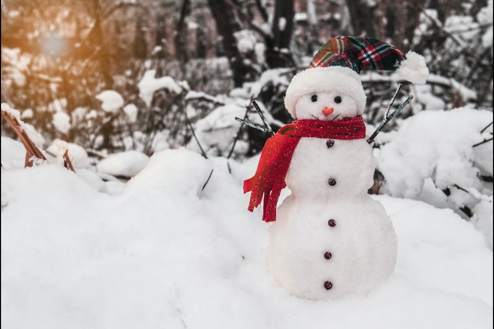 Snowman wearing a red scarf.