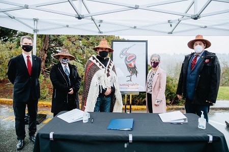 Left to right: MLA for Coquitlam-Burke Mountain Fin Donnelly; KFN Coun. George Chaffee; KFN Chief Ed Hall; MLA for Coquitlam-Maillardville Selina Robinson; and KFN Coun. John Peters.