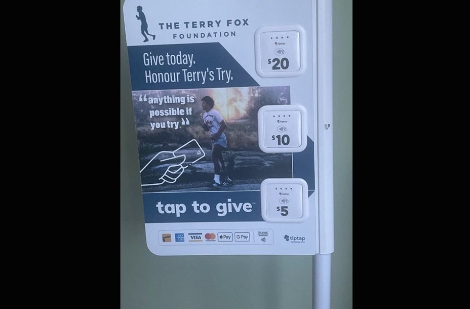 A Terry Fox Foundation tap donation unit is located at The Taphouse in Coquitlam.
