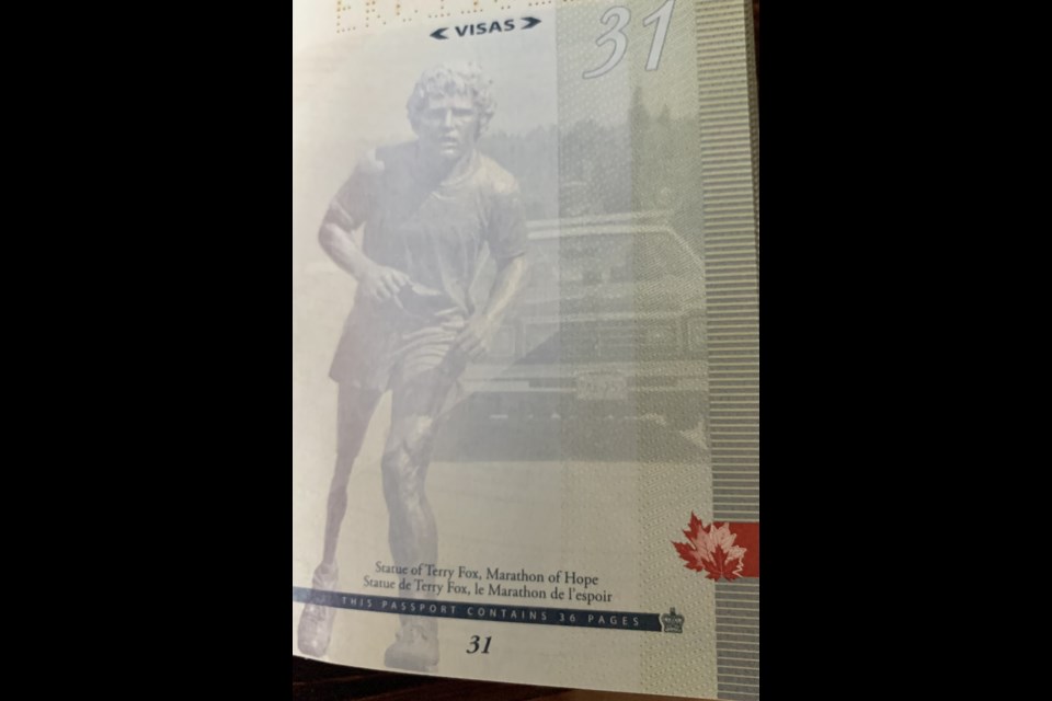 An image of Port Coquitlam hometown hero Terry Fox from the current Canadian passport.