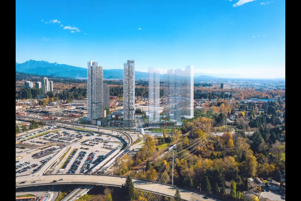 An artist's rendering of TriCity Central, where nine towers, commercial and office space, a hotel and convention centre are proposed. The Christmas Way site, at the southeastern corner of the Barnet Highway intersection, was once home to a car dealership and light industry.