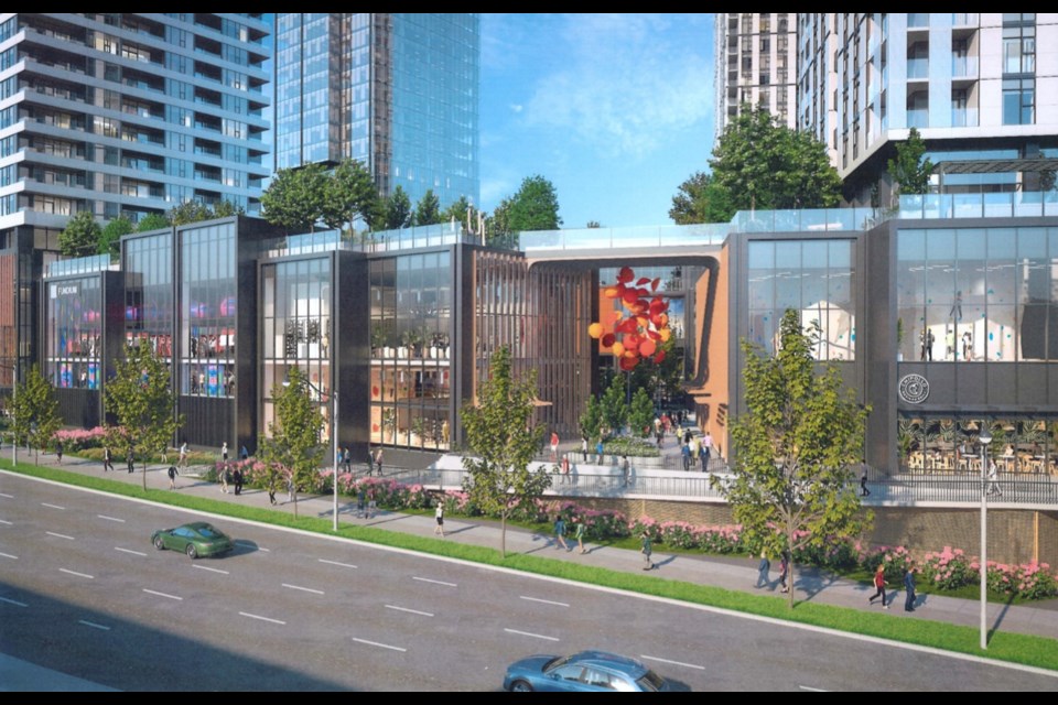 An artist's rendering of TriCity Central, where nine towers, commercial and office space, a hotel and convention centre are proposed. The Christmas Way site, at the southeastern corner of the Barnet Highway intersection, was once home to a car dealership and light industry.