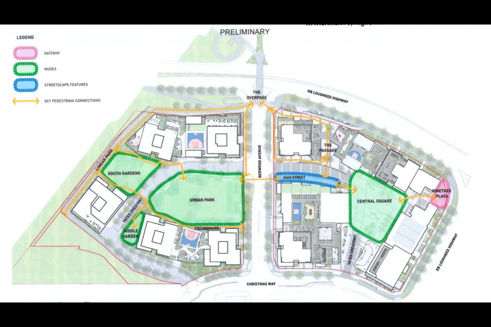 An artist's rendering of TriCity Central, where nine towers, commercial and office space, a hotel and convention centre are proposed. The Christmas Way site, at the southeastern corner of the Barnet Highway intersection, was once home to a car dealership and light industry.