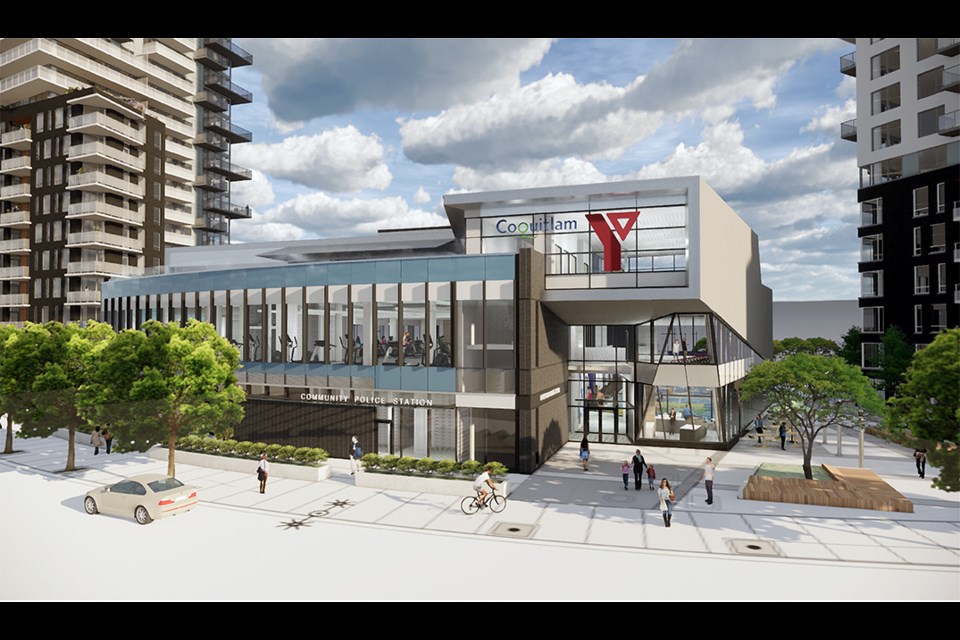 Artwork of the future YMCA, looking southeast at the building entry from the new Emerson Street extension.