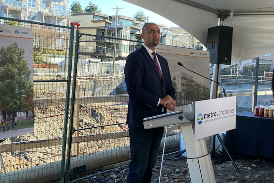 B.C. housing minister Ravi Kahlon spoke at a news conference in Port Coquitlam on April 12, 2023, announcing a partnership with Metro Vancouver to build affordable housing.