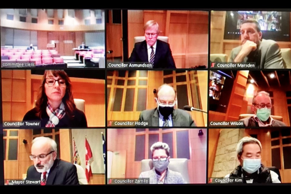 An image of the Coquitlam city council meeting on Monday night, via Zoom, before the public hearing began (Coun. Trish Mandewo was not present).