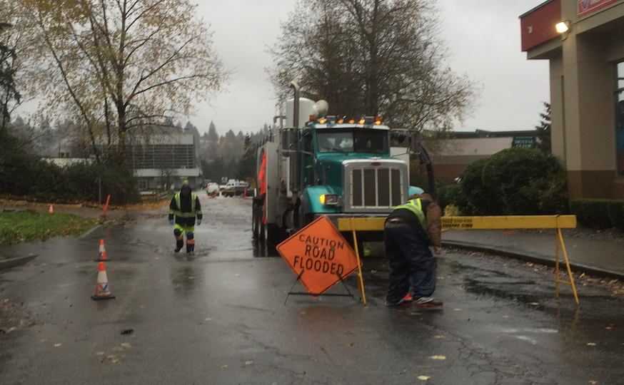 Seguin Avenue near Canadian Superstore is closed due to flooding.