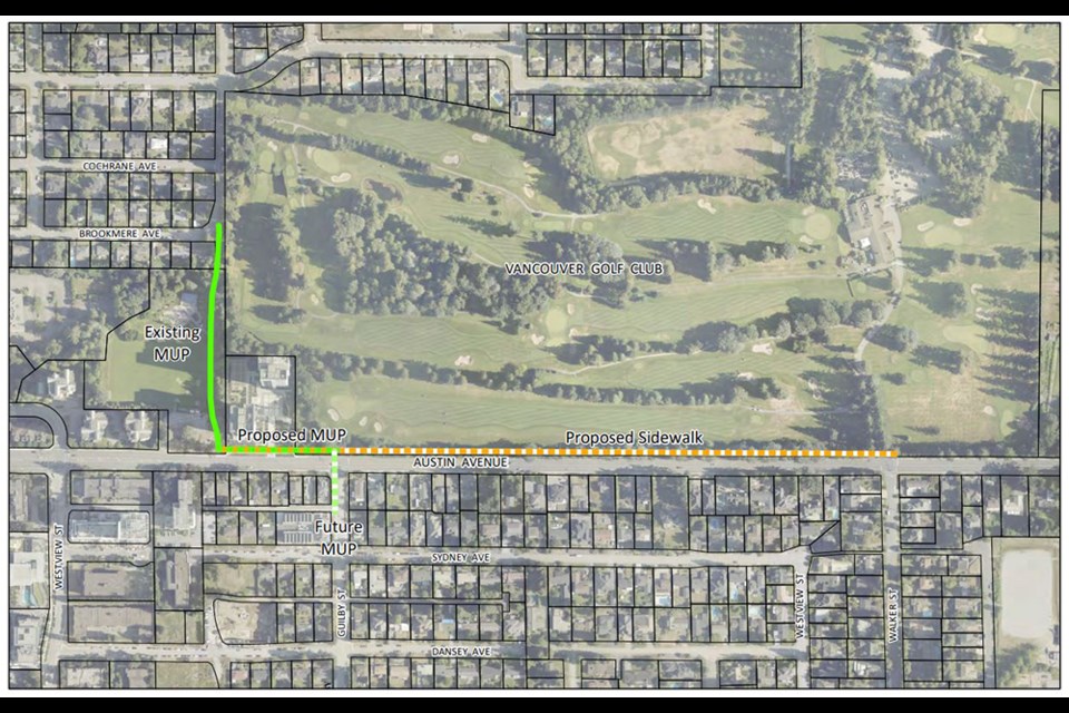 A map of the Austin Avenue sidewalk project, stretching 600 metres from Guilby to Walker street, and it also includes a multi-use path extension.
