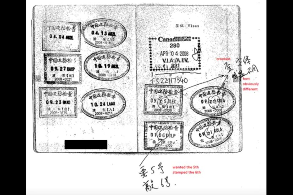 Handout image from CBSA shows how Xun "Sunny" Wang, owner of New Can, used fake stamps in the largest immigration fraud investigation in the province's history.