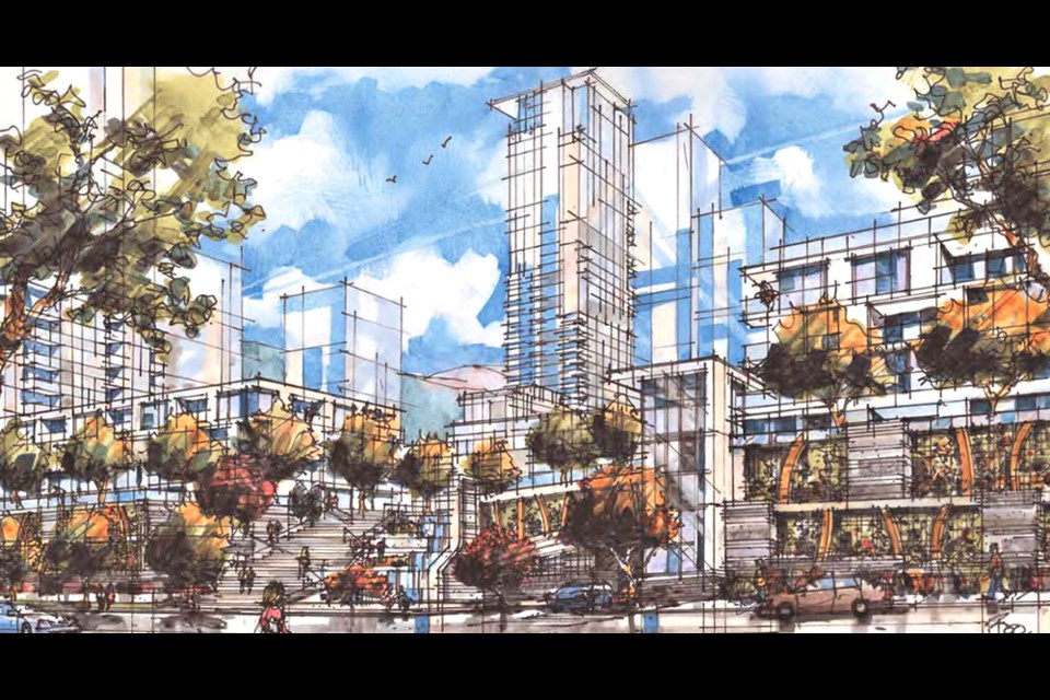 A conceptual rendering of what the proposed redevelopment of Port Moody's Coronation Park neighbourhood might look like from Ioco Road.