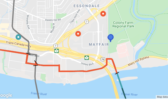 Route map for the Trans Mountain pipeline through Coquitlam.