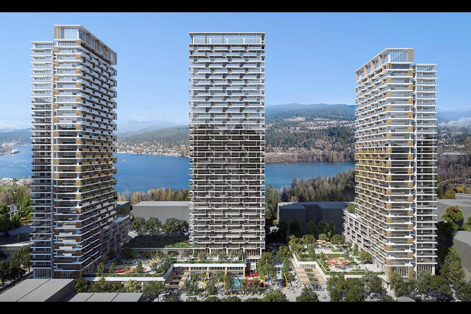 A rendering of three condo towers Vancouver-based developer Beedie Living wants to build in Port Moody's downtown.