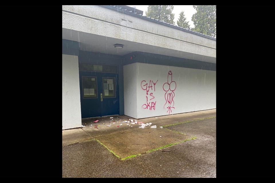 School District 43 (SD43) cleaned up this graffiti as soon as it was alerted on May 16, 2022.