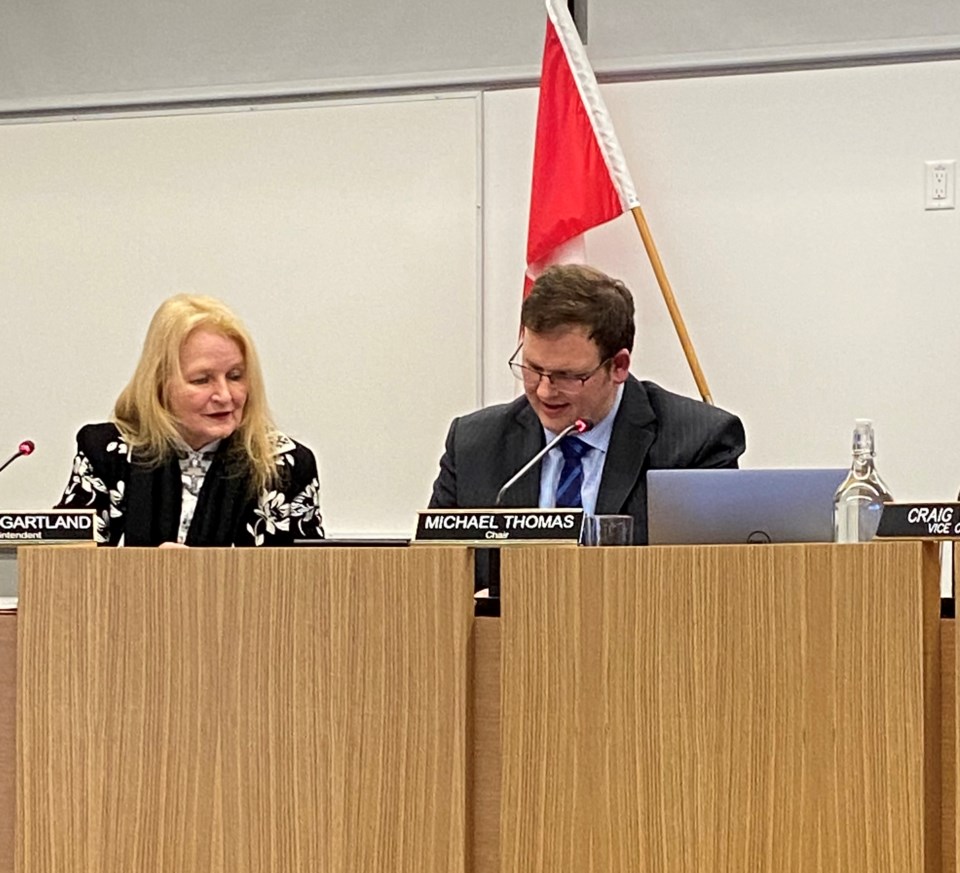 supt-patricia-gartland-and-board-chair-michael-thomas-at-a-board-meeting-on-feb-7-2022