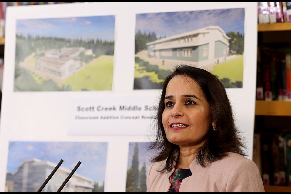Rachna Singh, B.C. Minister of Education and Child Care, announces 10 new classrooms to be added to Scott Creek Middle School in Coquitlam on Wednesday, Nov. 15, 2023.