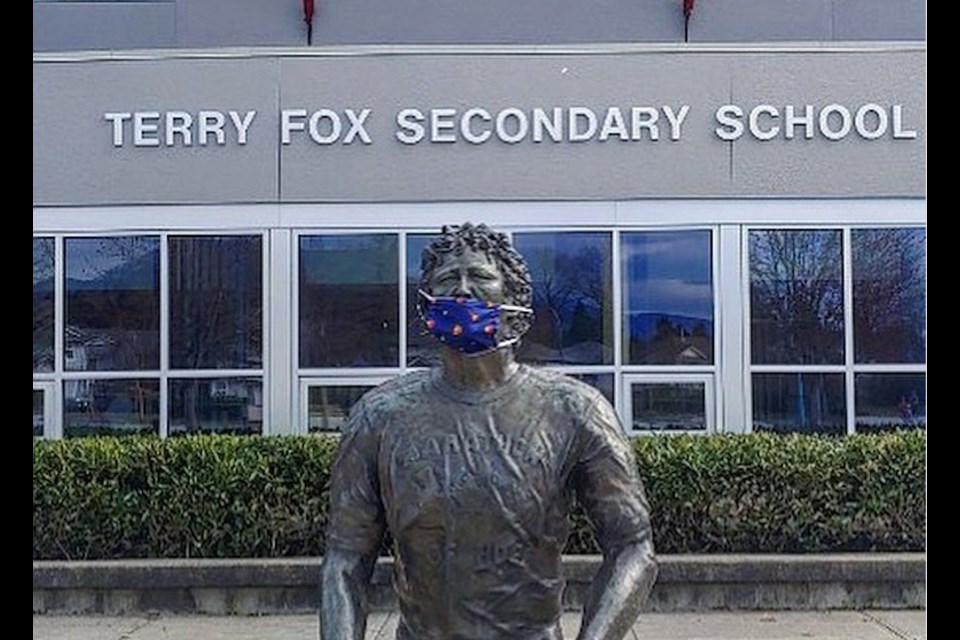 Terry Fox Secondary in Port Coquitlam put a face mask on its statue of the Canadian icon. | Instagram/Terry Fox Secondary 