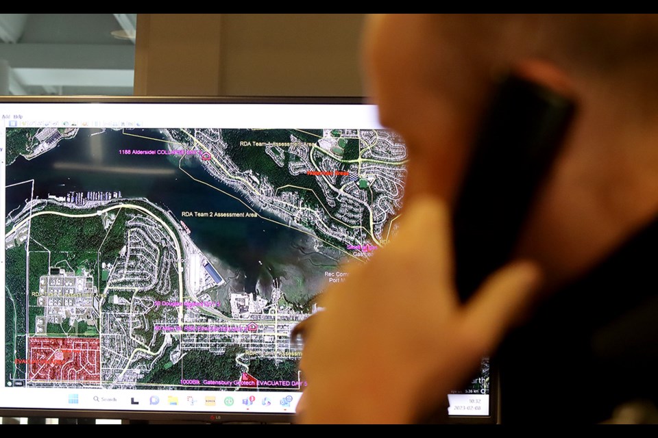 A map shows damaged and collapsed structures across Port Moody during a simulated earthquake drill Wednesday.