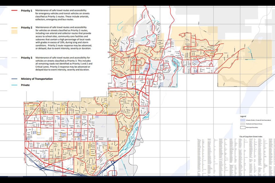 Priority route map for Coquitlam snow and ice removal. Red streets indicate Priority One routes.