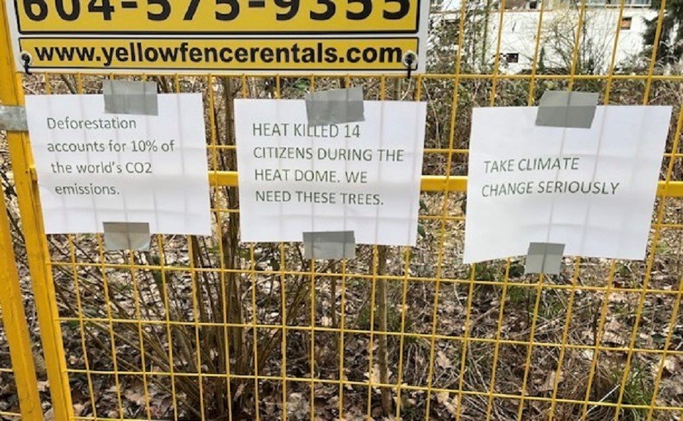 A Coquitlam resident taped papers to the fence along an approved tree-cutting site at the corner of Pinetree Way and Glen Drive as a form of protest against the action.