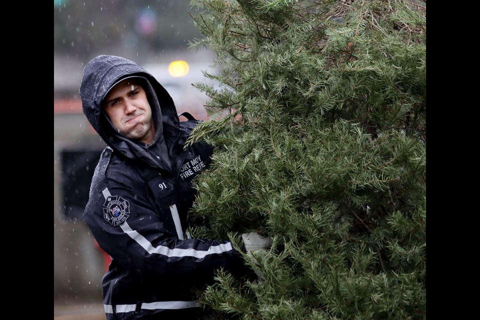 Rainy weather Sunday didn't keep Port Moody firefighters from hauling Christmas trees to the chipper at their annual to raise money for the BC Burn Fund.