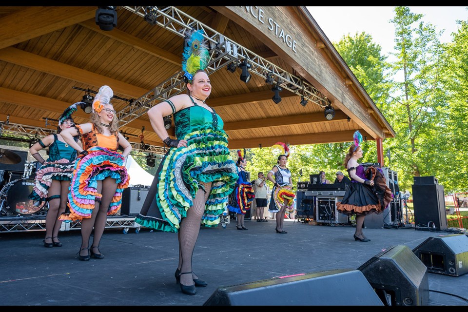 The Golden Spike Can Can Dancers kick up their heels on the Performance Stage at Port Moody's Canada Day and Golden Spike Festival on Friday (July 1).