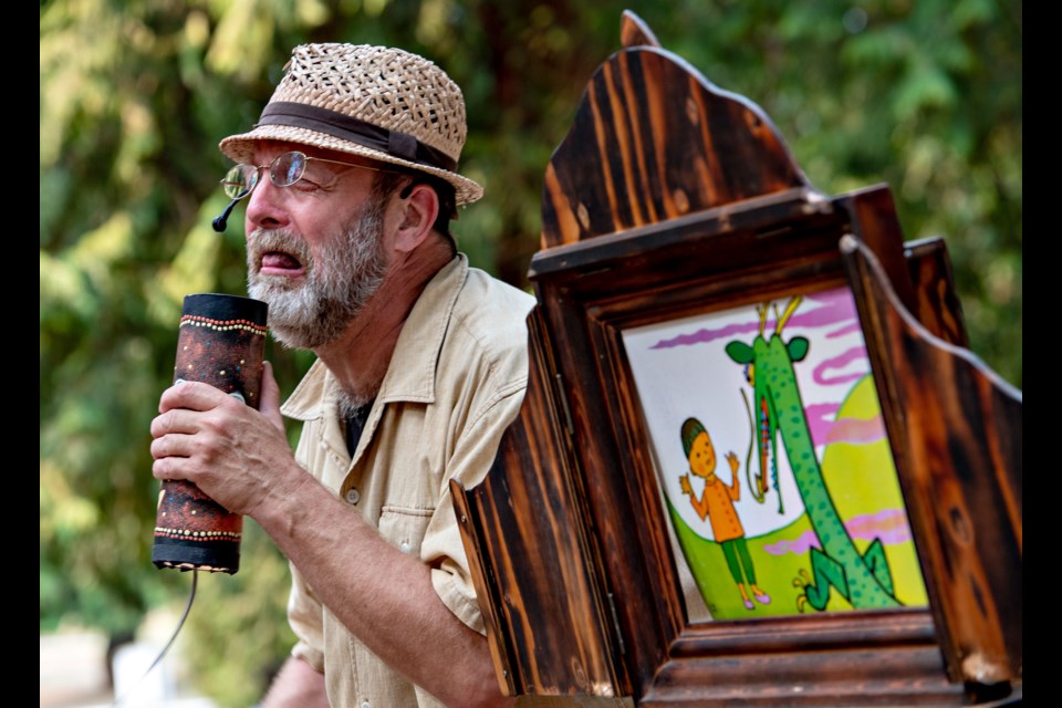"Stories on a Bike" were told by Lenard Stanga to participants of the Kaleidoscope Arts Festival held at Blue Mountain Park in Coquitlam on Aug. 19, 2023.