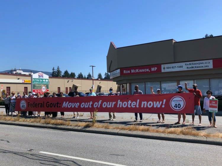 Striking Pacific Gateway hotel union workers rallied outside Coquitlam-Port Coquitlam MP Ron McKinnon's office asking to have their jobs protected after most of its women workforce has been terminated since February 2021.