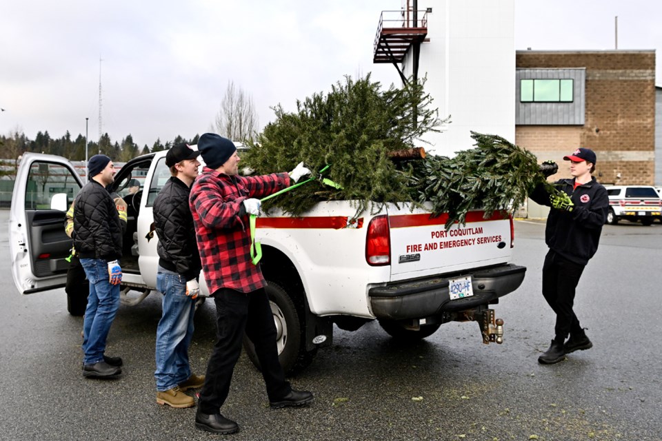 Port Coquitlam firefighters and volunteers unload trees and haul them to the chipper by donation for the PoCo Firefighters Charitable Society at the Port Coquitlam 
Firehall 1 on January 6, 2024. 