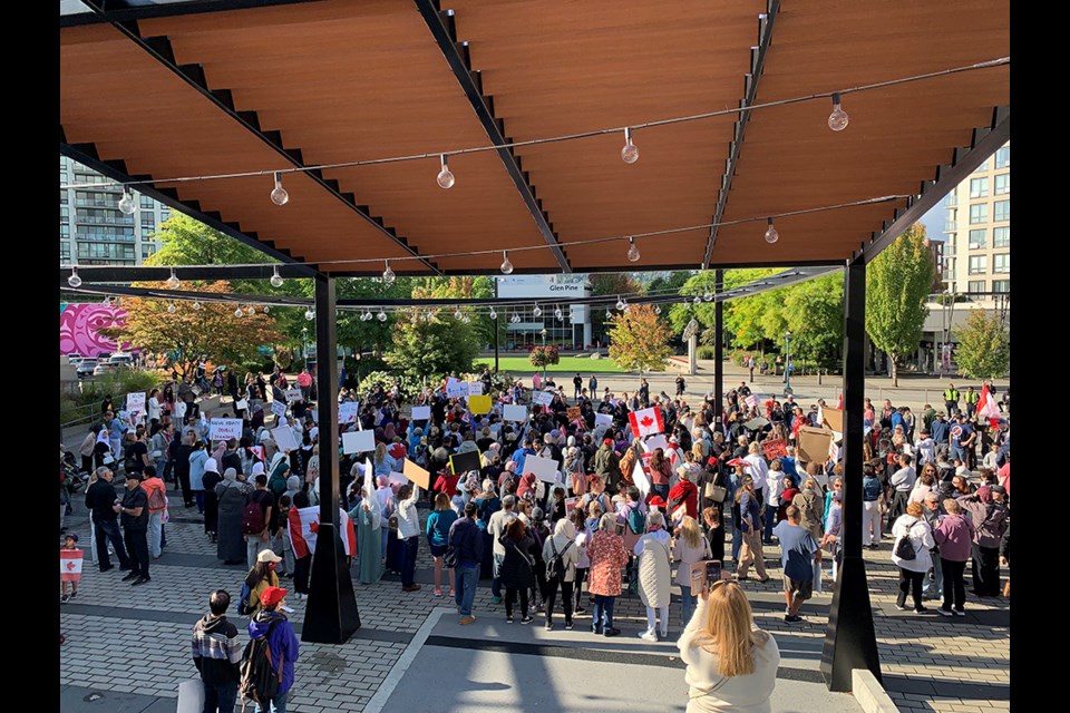An anti-SOGI rally gathered in Buchanan Square outside Coquitlam City Hall, one of 70 that were planned across Canada on Sept. 20, 2023, protesting use of sexual orientation and gender identity studies in school.