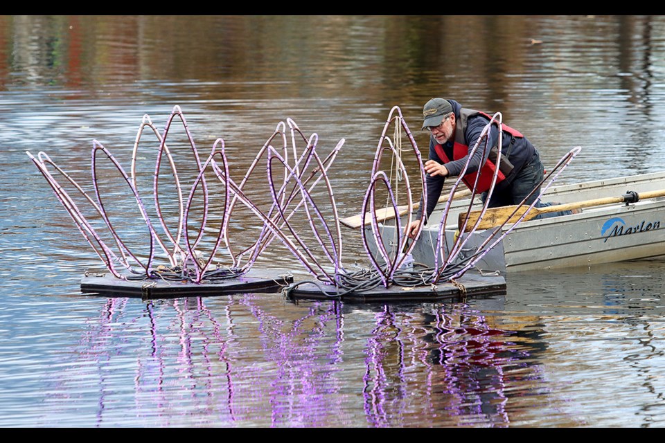 Lighted lily pads are placed in Lafarge Lake as workers begin installing the annual Lights at Lafarge display that begins Nov. 24.