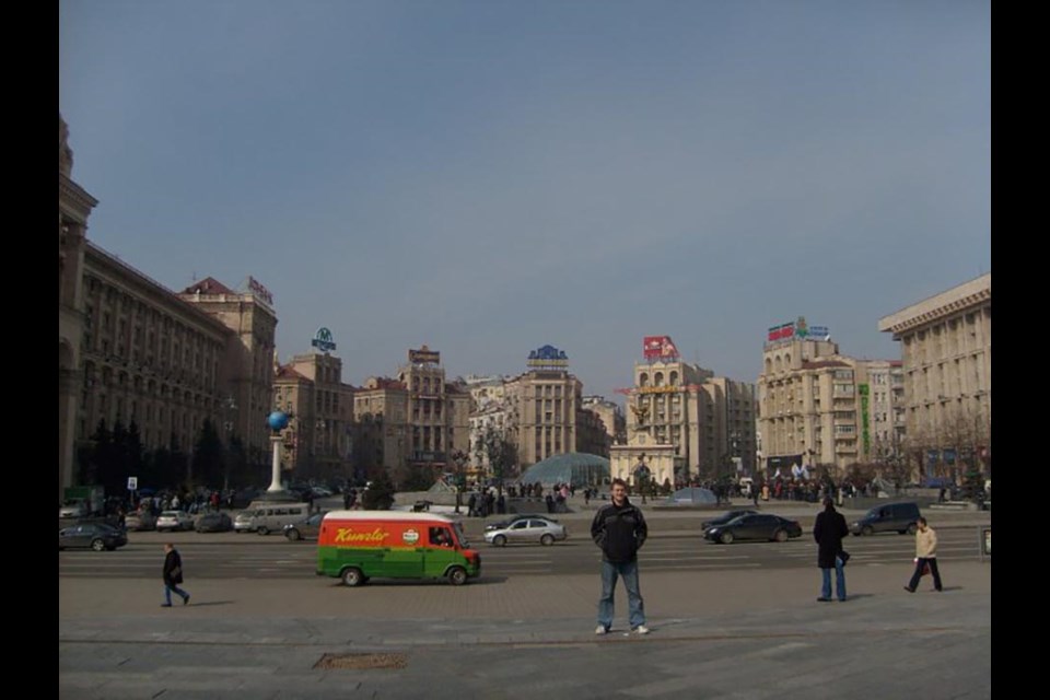 This is me in Kyiv in 2010 on my trip across Ukraine. This square reminded me so much of Vancouver's Robson Square and it was just as busy too.