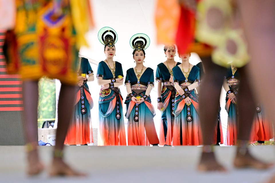 Colours of Dance Academy performers watch adowa dancing from backstage.