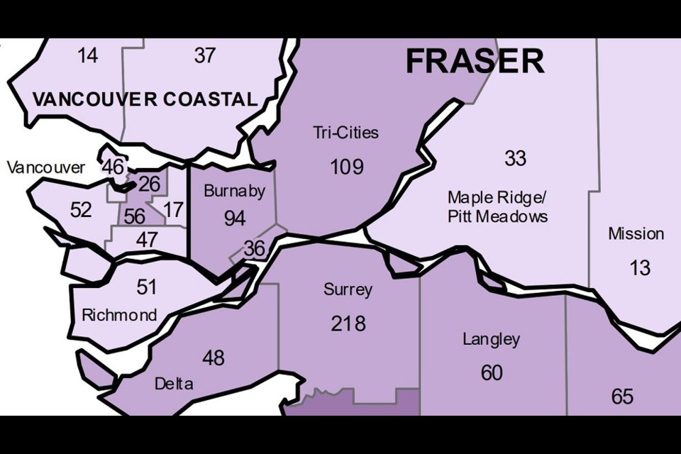 COVID-19 local health area case numbers for April 22, 2022.