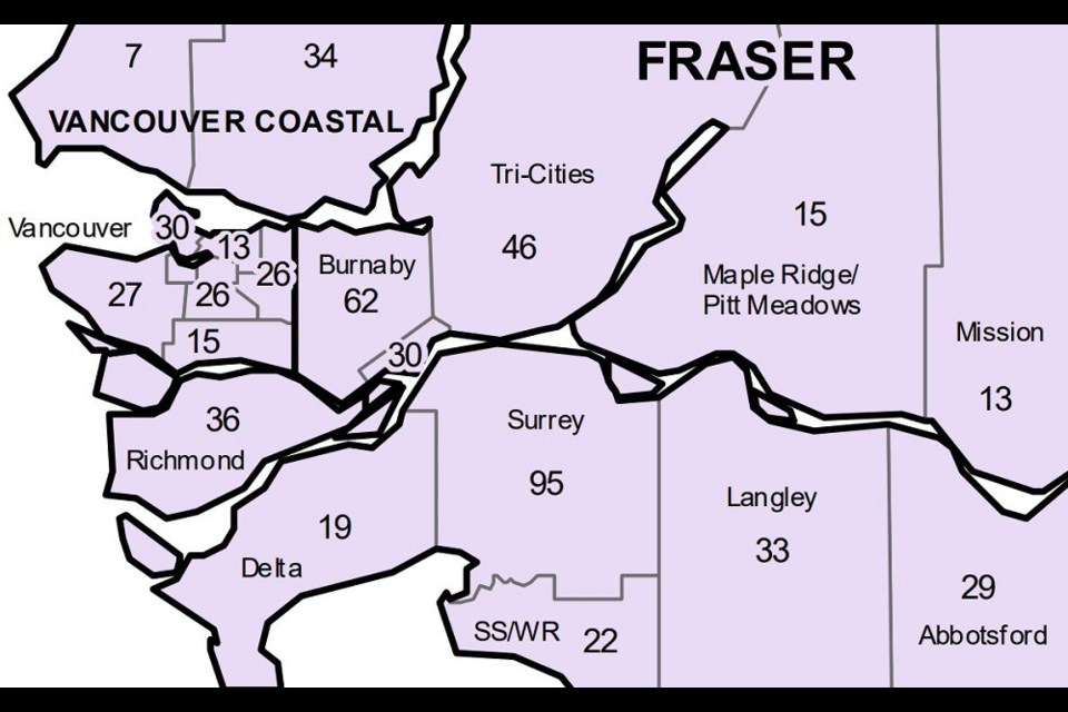 COVID-19 local health area case numbers as of July 15, 2022.